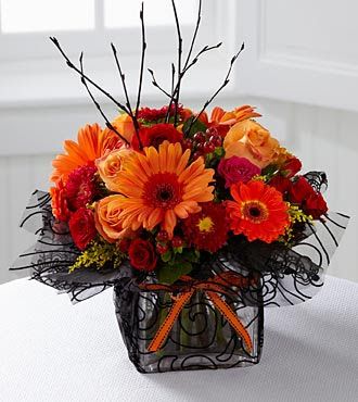 Halloween Vibrant Gerbera & Orange Rose Square Vase Arrangement